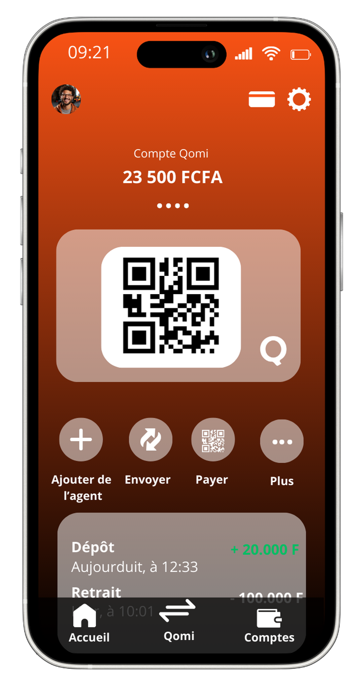 Interface Qomi - Application mobile money