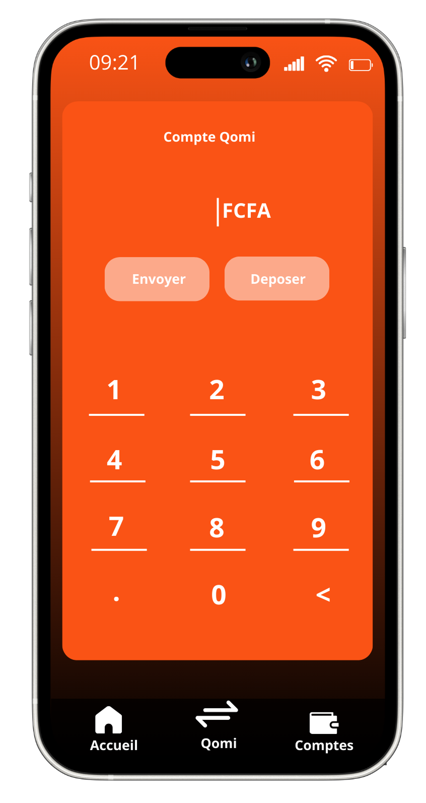Interface Qomi - Application mobile money